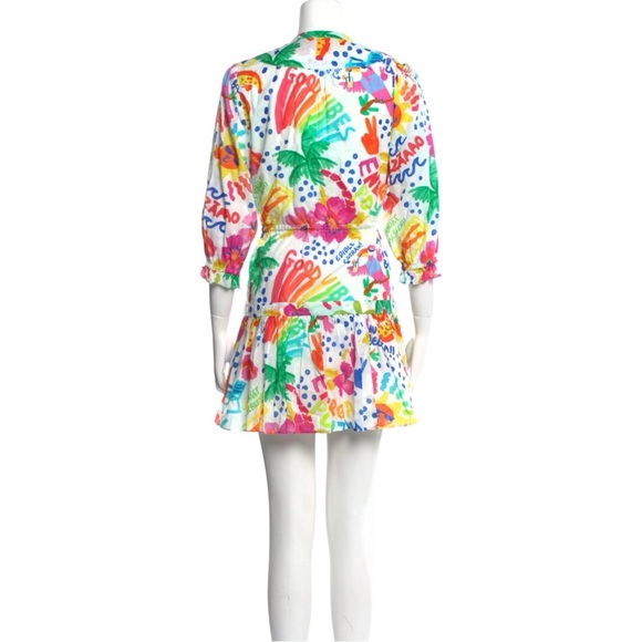 Farm Rio White Colorful Jungle Print Mini Dress w/ Waist Tie & Tassels sz L - Picture 8 of 10